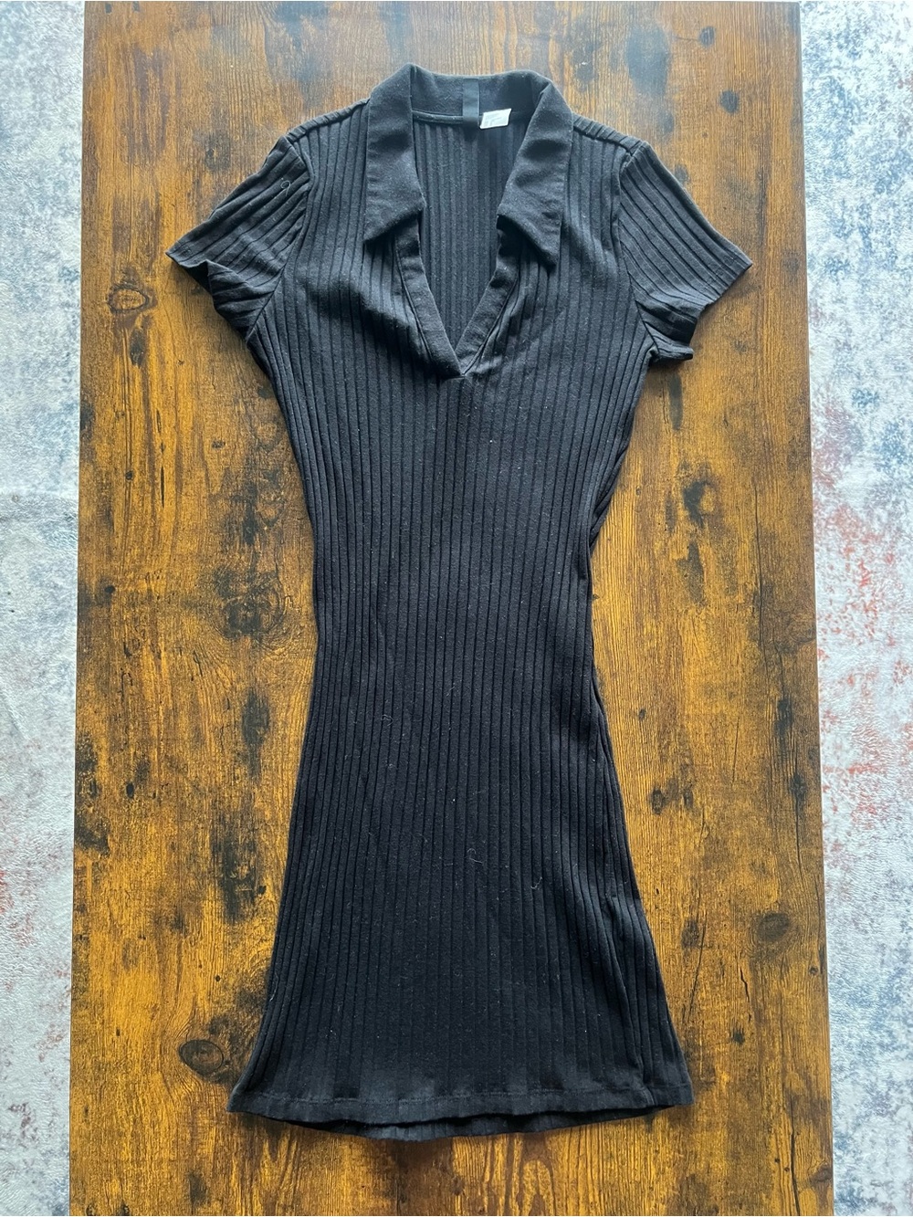 Divided Black Ribbed Short Sleeve Polo Dress